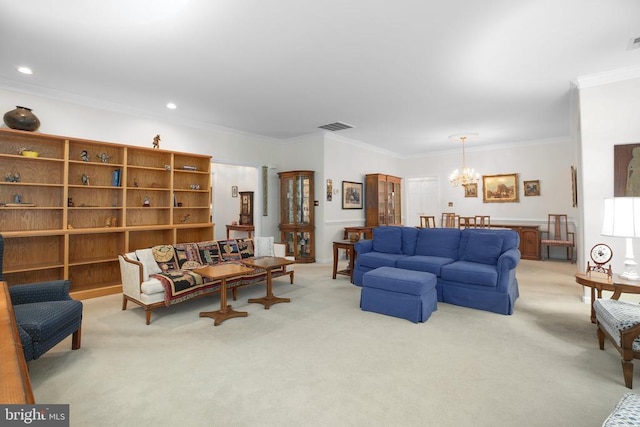 living room with a chandelier, light colored carpet, ornamental molding, and recessed lighting