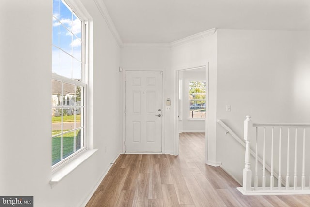  - foyer entrance with wood finished floors, crown molding, and baseboards