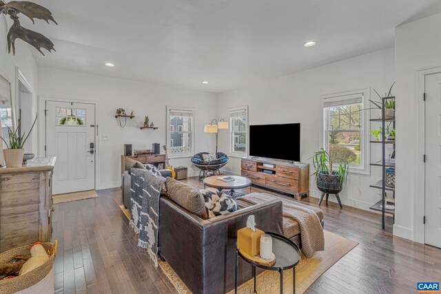 living room with dark wood-type flooring, baseboards, and recessed lighting