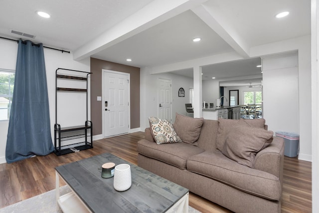 2003 Rinacas Corner Rd, Shenandoah, VA 22849 - living area featuring beamed ceiling, wood finished floors, baseboards, and recessed lighting