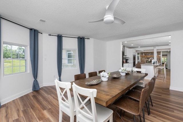 2003 Rinacas Corner Rd, Shenandoah, VA 22849 - dining space featuring dark wood-type flooring, a textured ceiling, a ceiling fan, and baseboards
