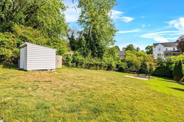 view of green lawn with a shed and an outbuilding