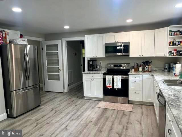 12134 Baylor Ln, Orange, VA 22960 - kitchen with appliances with stainless steel finishes, open shelves, white cabinetry, light wood finished floors, and recessed lighting