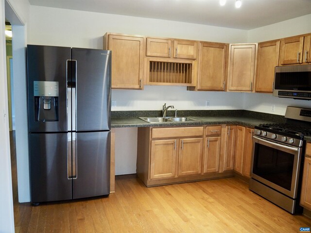4646 Woods Edge Rd, Troy, VA 22974 - kitchen with appliances with stainless steel finishes, a sink, light wood-style floors, and dark countertops
