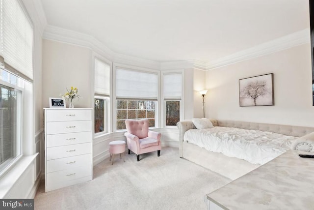 carpeted bedroom featuring crown molding