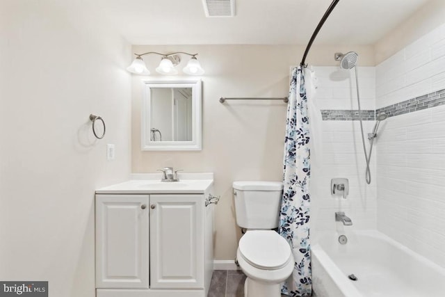 bathroom featuring shower / tub combo, toilet, and vanity