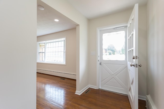 1002 Coalter St, Staunton, VA 24401 - entryway featuring a baseboard heating unit, dark wood-style flooring, baseboards, and recessed lighting