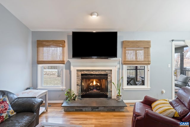 living room featuring wood finished floors, a fireplace, and baseboards