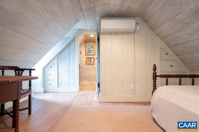 240 Broad Axe Rd, Charlottesville, VA 22903 - bedroom featuring wooden ceiling, wood-type flooring, lofted ceiling, and a wall mounted AC