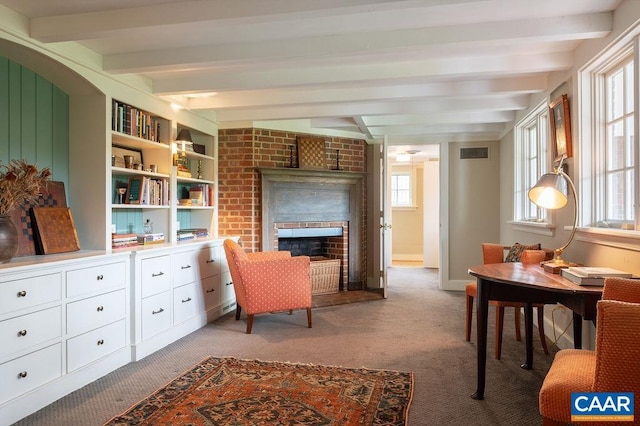 240 Broad Axe Rd, Charlottesville, VA 22903 - sitting room featuring beamed ceiling, a fireplace, visible vents, and light colored carpet