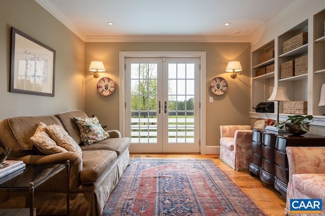 240 Broad Axe Rd, Charlottesville, VA 22903 - interior space with french doors, recessed lighting, built in shelves, crown molding, and light wood-style flooring