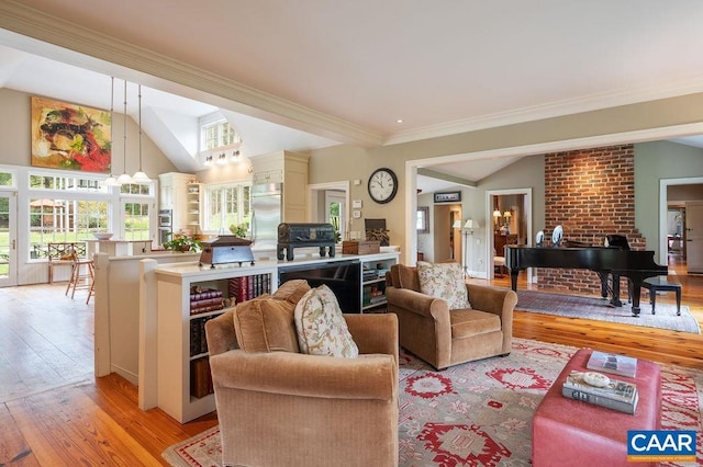 240 Broad Axe Rd, Charlottesville, VA 22903 - living room with vaulted ceiling, light wood finished floors, and crown molding