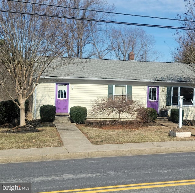 view of front of home with a chimney and roof with shingles