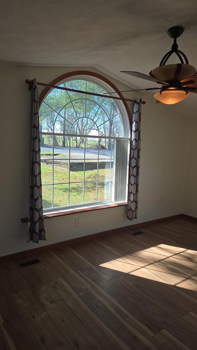 unfurnished room featuring lofted ceiling, a wealth of natural light, visible vents, and dark wood-style floors
