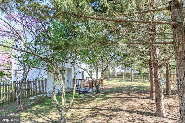 view of yard featuring a fenced backyard and a deck