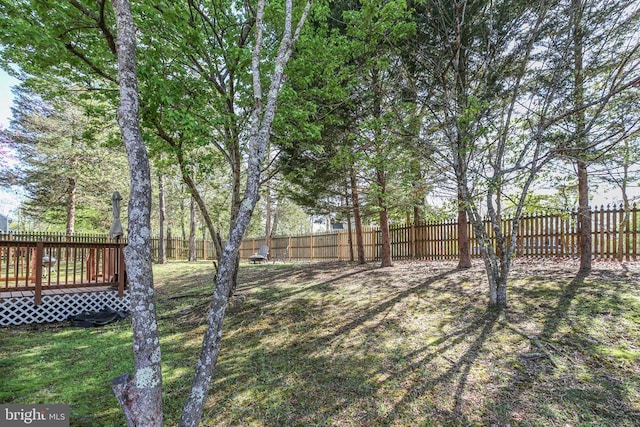 view of yard with a deck and a fenced backyard