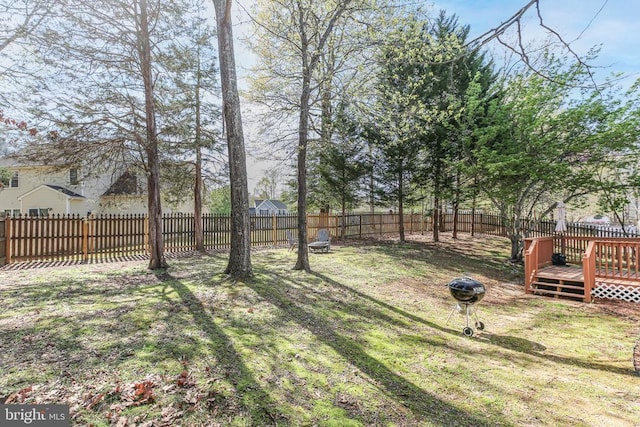 view of yard with a wooden deck and a fenced backyard