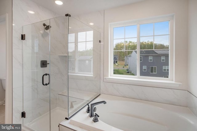35663 Aspen Way, Locust Grove, VA 22508 - bathroom with a bath, a marble finish shower, and toilet