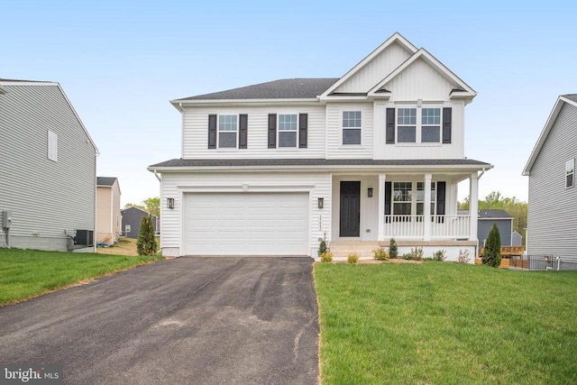 35663 Aspen Way, Locust Grove, VA 22508 - view of front facade featuring covered porch, asphalt driveway, an attached garage, central AC unit, and a front lawn