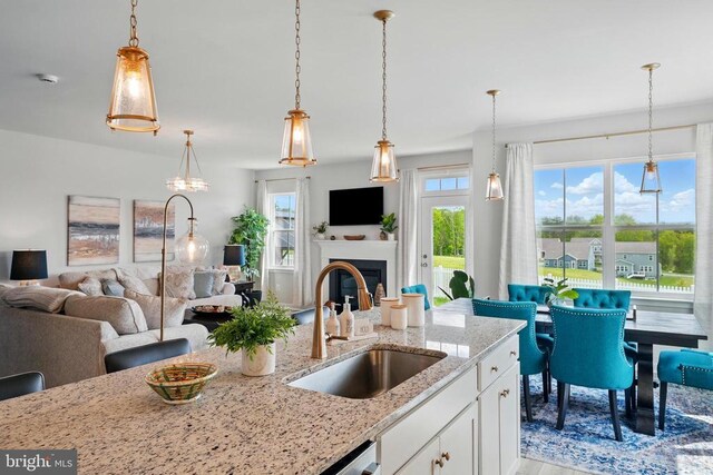 kitchen featuring a sink, open floor plan, healthy amount of natural light, and white cabinetry
