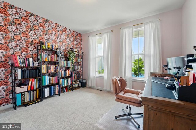 carpeted home office with wallpapered walls