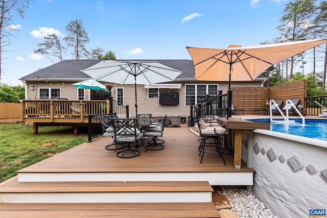 8289 Three Notch Rd, Louisa, VA 23093 - wooden deck featuring outdoor dining area and an outdoor pool