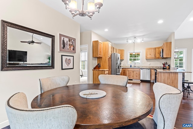 8289 Three Notch Rd, Louisa, VA 23093 - dining space with dark wood-style floors, a chandelier, recessed lighting, and ceiling fan