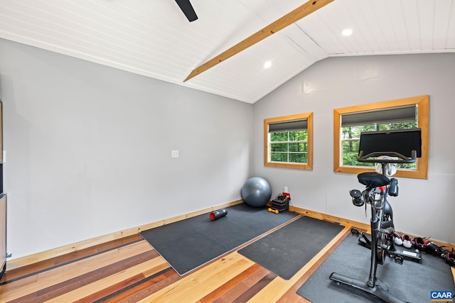 8289 Three Notch Rd, Louisa, VA 23093 - workout area featuring vaulted ceiling, wood finished floors, and recessed lighting