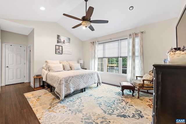 8289 Three Notch Rd, Louisa, VA 23093 - bedroom with dark wood finished floors, vaulted ceiling, ceiling fan, and recessed lighting