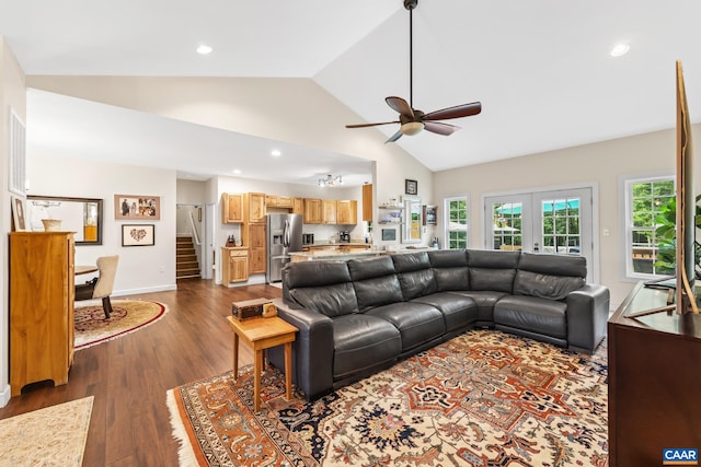 8289 Three Notch Rd, Louisa, VA 23093 - living room with stairs, a ceiling fan, dark wood-type flooring, recessed lighting, and high vaulted ceiling
