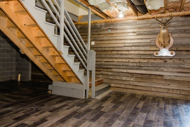 9839 Brunk Spring Ln, Broadway, VA 22815 - finished basement with dark wood finished floors, stairs, and wood walls