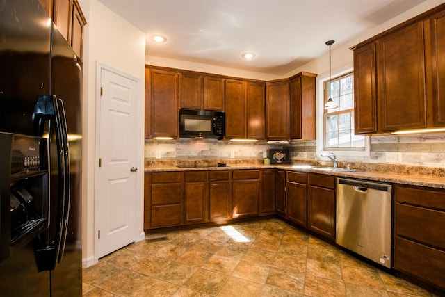 9839 Brunk Spring Ln, Broadway, VA 22815 - kitchen with black appliances, tasteful backsplash, decorative light fixtures, light stone countertops, and recessed lighting