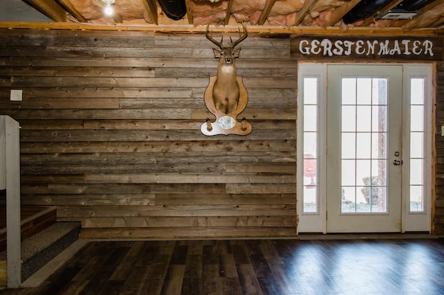9839 Brunk Spring Ln, Broadway, VA 22815 - doorway to outside featuring dark wood-style flooring and wooden walls