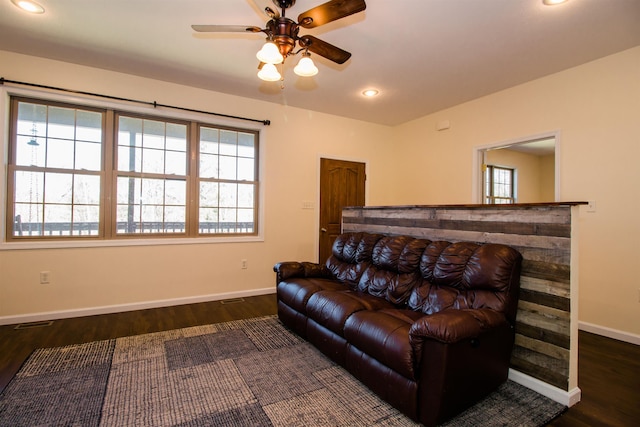 9839 Brunk Spring Ln, Broadway, VA 22815 - living room with a ceiling fan, wood finished floors, and recessed lighting