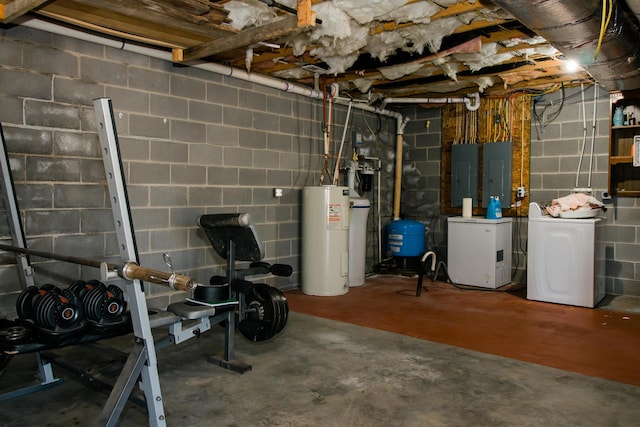 9839 Brunk Spring Ln, Broadway, VA 22815 - unfinished basement featuring independent washer and dryer, water heater, electric panel, and a water pressure tank