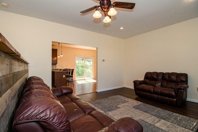 9839 Brunk Spring Ln, Broadway, VA 22815 - living room with dark wood finished floors, a ceiling fan, and recessed lighting