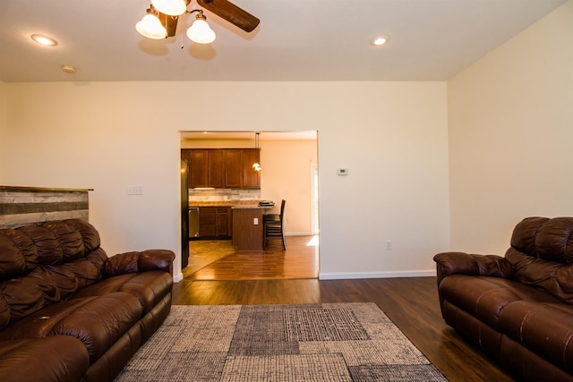 9839 Brunk Spring Ln, Broadway, VA 22815 - living room featuring ceiling fan, dark wood-style flooring, and recessed lighting