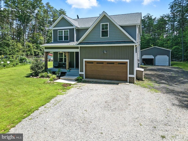 275 Freestyle Ln, Mineral, VA 23117 - view of front of property featuring covered porch, a garage, a front yard, gravel driveway, and roof with shingles