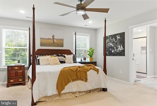 275 Freestyle Ln, Mineral, VA 23117 - bedroom with light colored carpet, connected bathroom, recessed lighting, and a ceiling fan