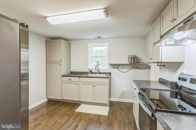 kitchen featuring a sink, dark countertops, stainless steel range with electric cooktop, dark wood finished floors, and under cabinet range hood