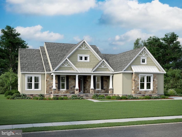 craftsman inspired home with stone siding, covered porch, a front yard, and a shingled roof