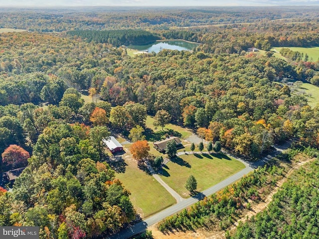 aerial view of property's location with a heavily wooded area and a nearby body of water