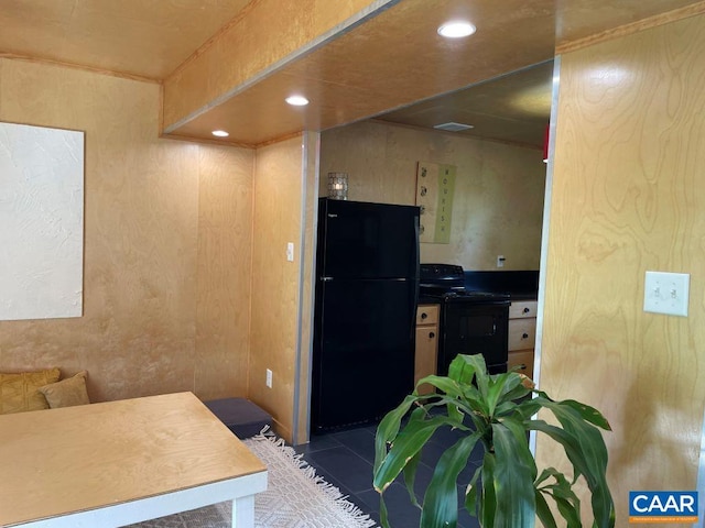 815 Ridge St, Charlottesville, VA 22902 - kitchen with black appliances, tile patterned floors, and recessed lighting