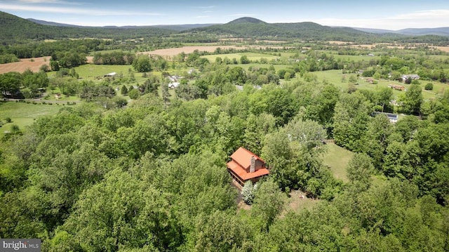 aerial view of property and surrounding area with a mountain backdrop and a forest