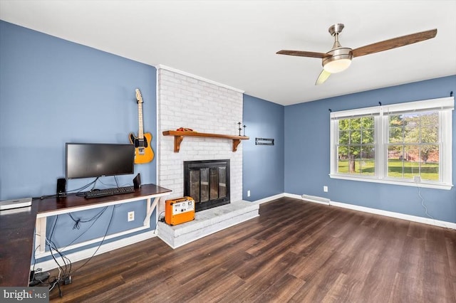 316 Grove Ave, Gordonsville, VA 22942 - unfurnished living room featuring a ceiling fan, baseboards, wood finished floors, and a fireplace