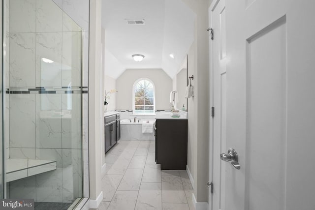 7806 Shawmont Rd, Fredericksburg, VA 22407 - bathroom with marble finish floors, vanity, a marble finish shower, and lofted ceiling