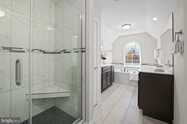 7806 Shawmont Rd, Fredericksburg, VA 22407 - bathroom with vanity, marble look tiles, a bath, a marble finish shower, and lofted ceiling