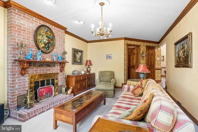 8413 Pathfinders Ct, Spotsylvania, VA 22553 - living room featuring carpet flooring, a notable chandelier, crown molding, and baseboards