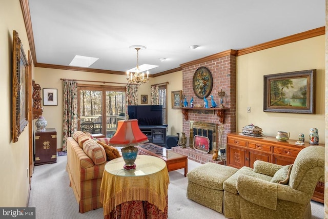 8413 Pathfinders Ct, Spotsylvania, VA 22553 - carpeted living room with an inviting chandelier, a brick fireplace, a skylight, and ornamental molding