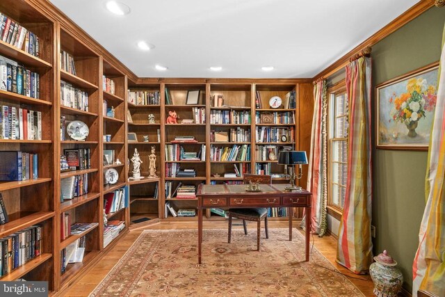 8413 Pathfinders Ct, Spotsylvania, VA 22553 - interior space featuring bookshelves, recessed lighting, and wood finished floors